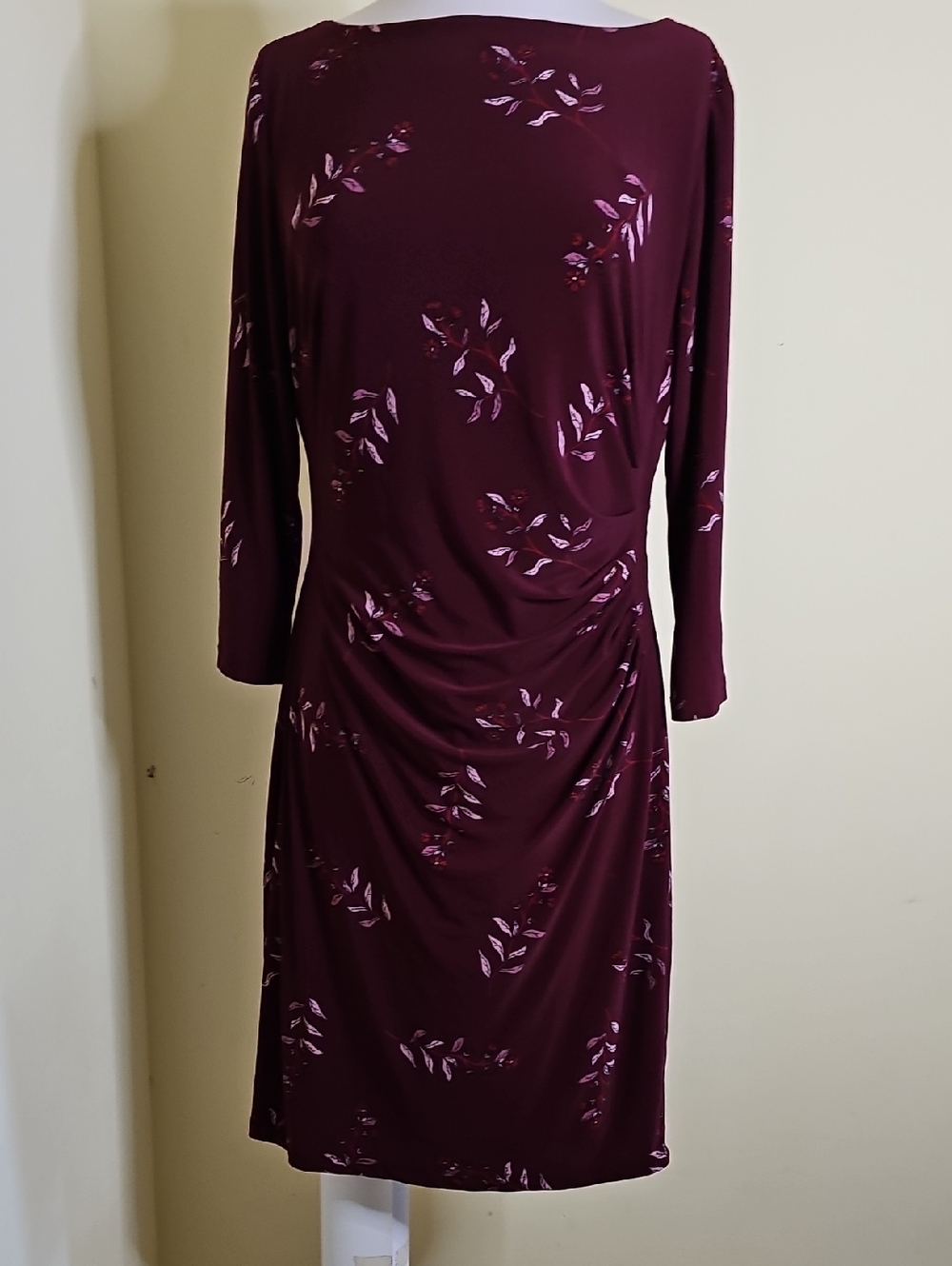 Ralph Lauren Maroon Floral Long-Sleeve Ruched Dress